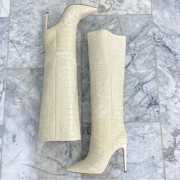 PARIS TEXAS Embossed Croco Bone China Cream Tall Stiletto Boots - Picture 14 of 16